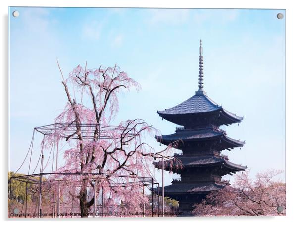 Weeping cherry tree with pink flowers in front of the five-storied pagoda of Toji Temple in Kyoto. Acrylic by  Kuremo