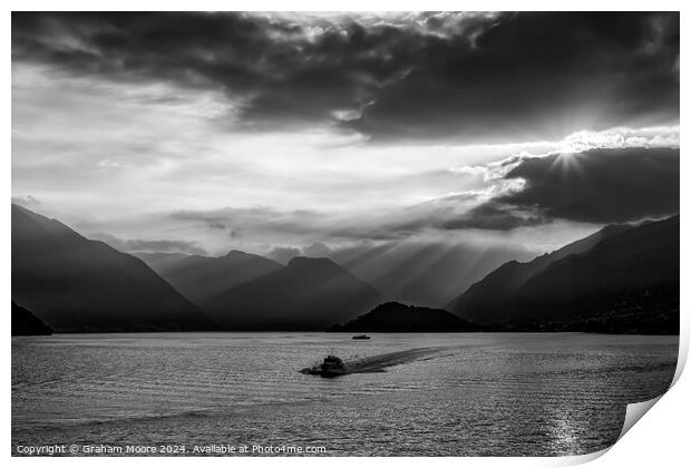 Late evening hydrofoil Lake Como monochrome Print by Graham Moore