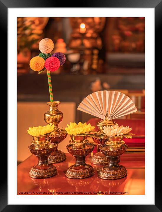 Japanese chrysanthemum flowers and buddhist five colors paper flowers. Framed Mounted Print by  Kuremo