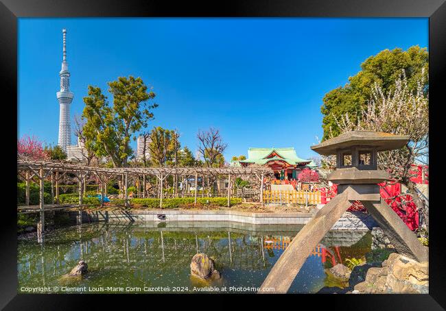 Tokyo Skytree overlooking the pond and pergola of  Framed Print by  Kuremo