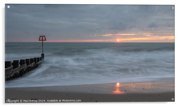 Sun reflecting on Swanage beach at dawn, Dorset, E Acrylic by Paul Edney
