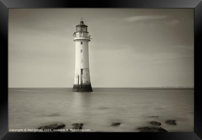 New Brighton lighthouse in sepia Framed Print by Paul Edney