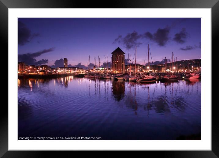 Swansea Marina at Night Framed Mounted Print by Terry Brooks