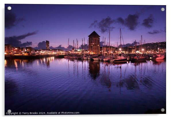 Swansea Marina at Night Acrylic by Terry Brooks