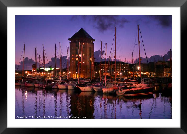 Swansea Marina at Night Framed Mounted Print by Terry Brooks