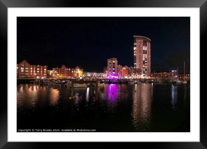 Swansea Marina at Night Framed Mounted Print by Terry Brooks