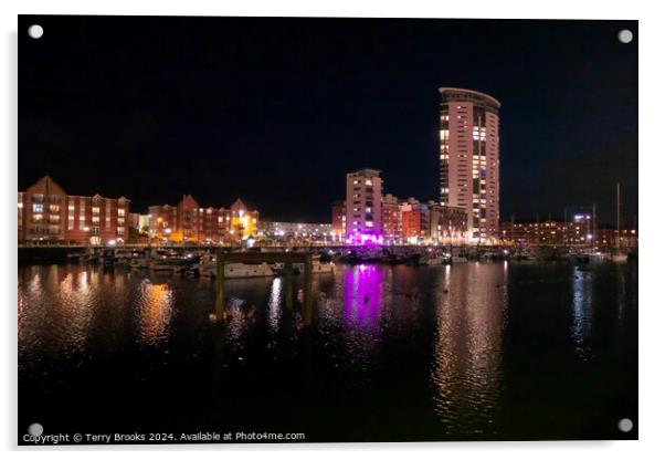 Swansea Marina at Night Acrylic by Terry Brooks