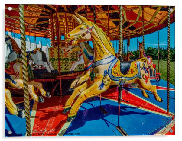Gallopers on a carousel ride. Acrylic by Phil Brown