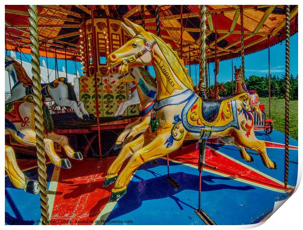 Gallopers on a carousel ride. Print by Phil Brown