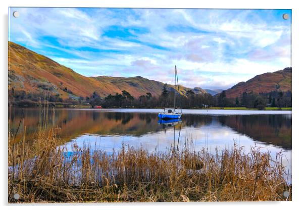 A yacht moored on Ullswater, Lake District, Cumbria. Acrylic by Phil Brown