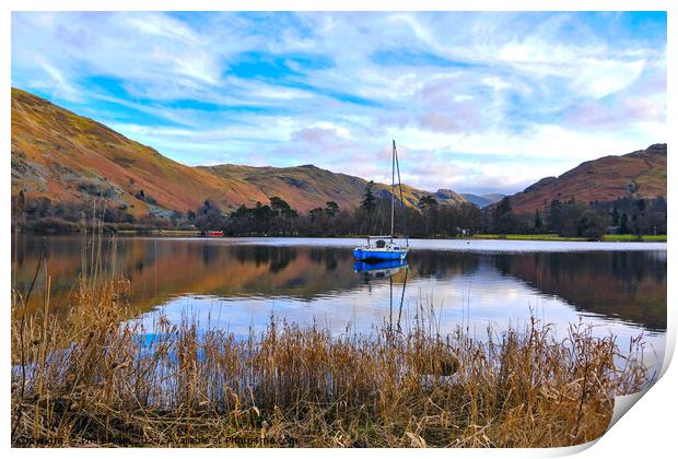 A yacht moored on Ullswater, Lake District, Cumbria. Print by Phil Brown