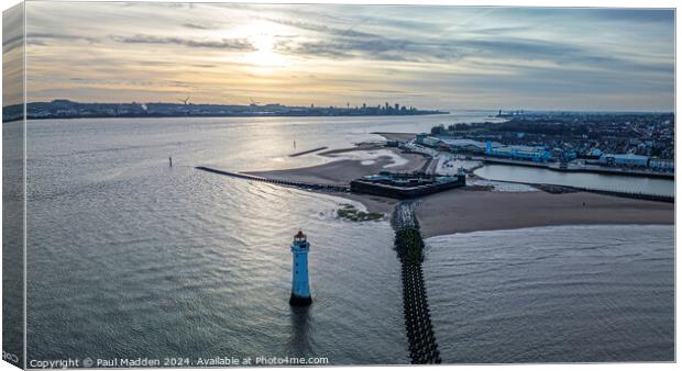 New Brighton lighthouse and Liverpool Waterfront at sunrise Canvas Print by Paul Madden