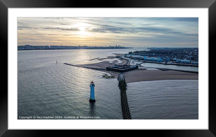 New Brighton lighthouse and Liverpool Waterfront at sunrise Framed Mounted Print by Paul Madden