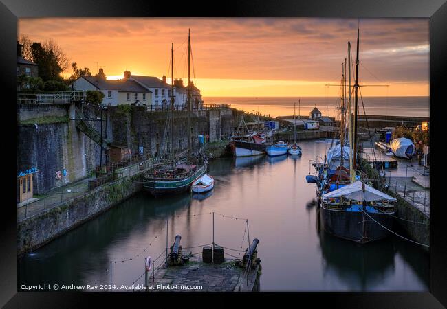 Tall Ships moored in Charlestown Dock at sunrise  Framed Print by Andrew Ray