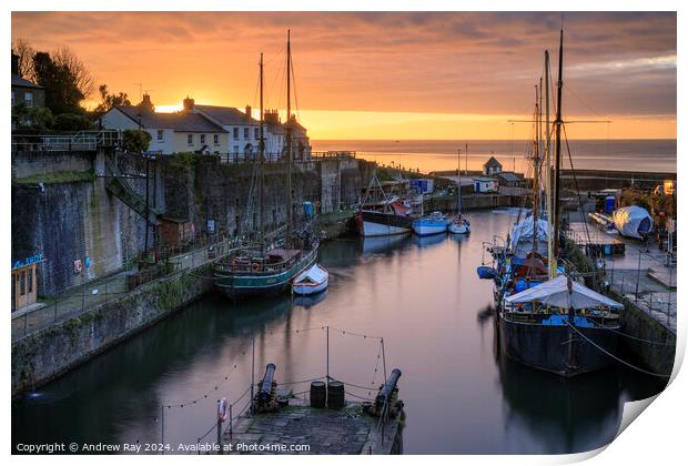 Tall Ships moored in Charlestown Dock at sunrise  Print by Andrew Ray