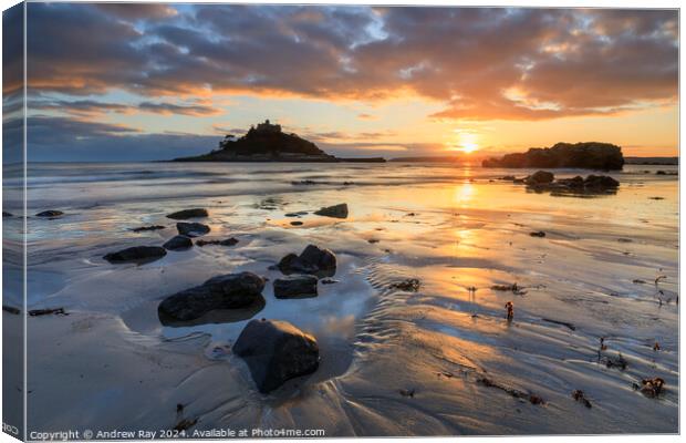 Setting sun from Marazion Beach  Canvas Print by Andrew Ray