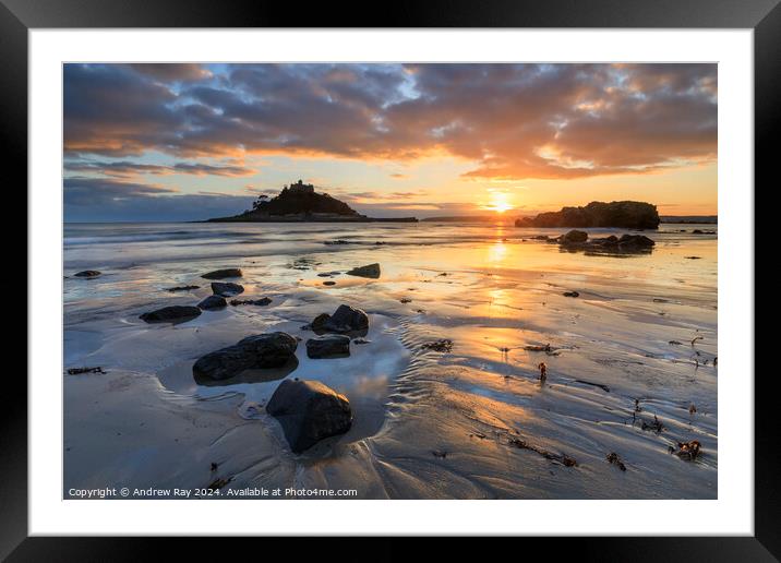 Setting sun from Marazion Beach  Framed Mounted Print by Andrew Ray