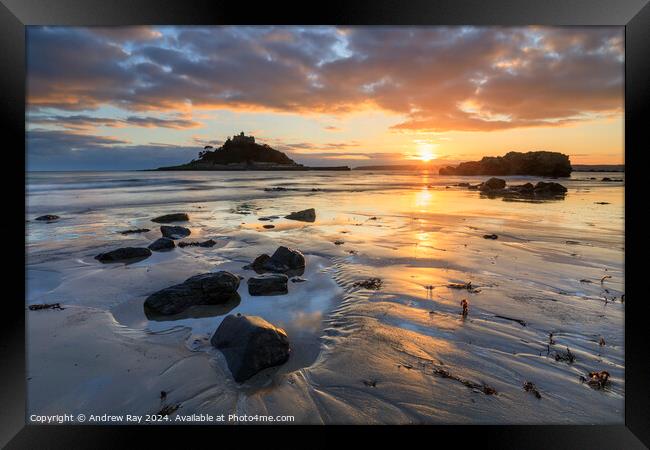 Setting sun from Marazion Beach  Framed Print by Andrew Ray