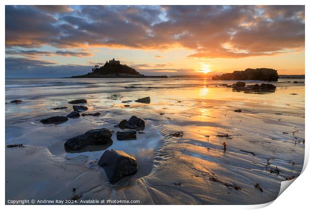 Setting sun from Marazion Beach  Print by Andrew Ray