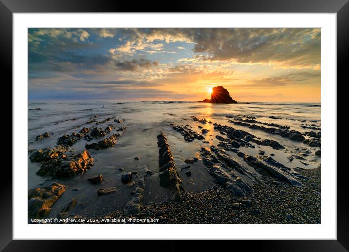 Setting sun at Widemouth Bay Framed Mounted Print by Andrew Ray