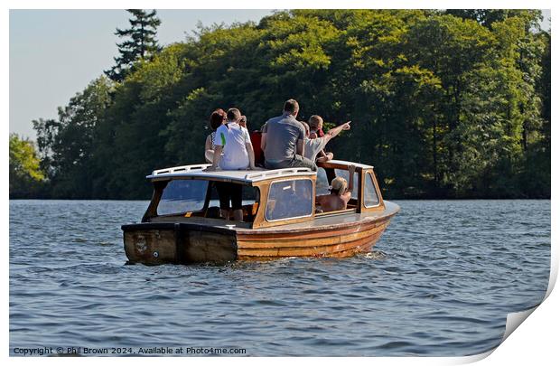 Family on small wooden motor launch, Windermere, Lake District. Print by Phil Brown