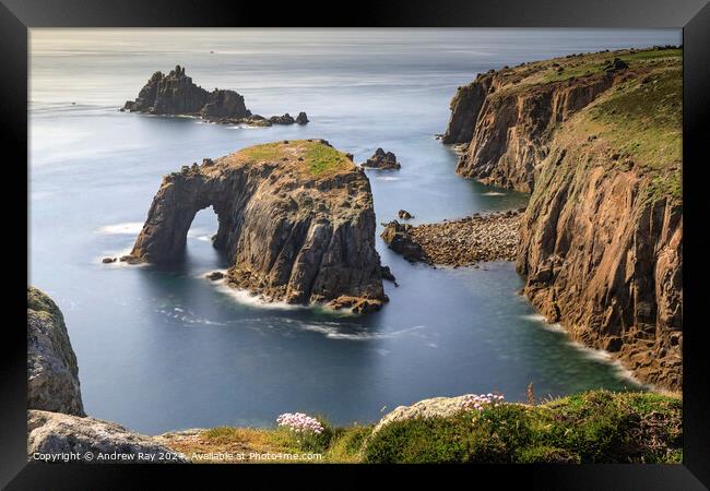 Enys Dodnan and Armed Knight (Land's End)  Framed Print by Andrew Ray