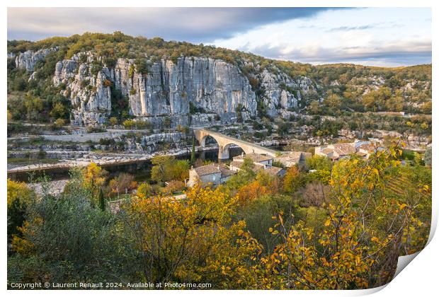 The bridge over the Ardeche river near the old village Balazuc i Print by Laurent Renault