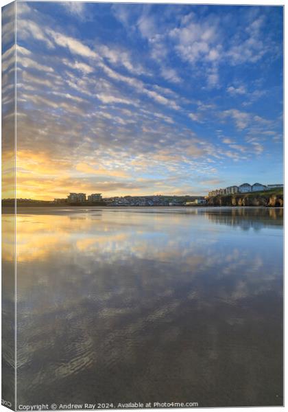 Perranporth Beach reflections Canvas Print by Andrew Ray
