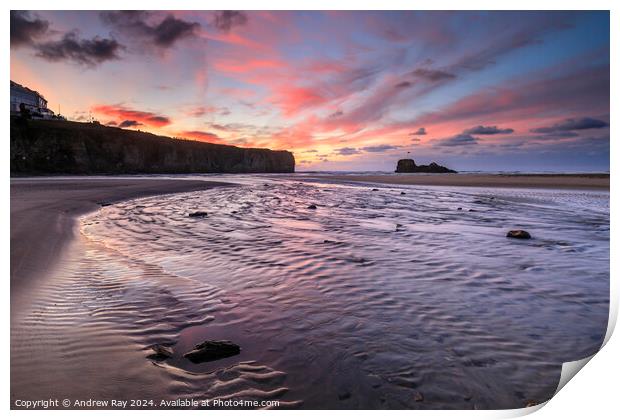 River on Perranporth Beach at sunset  Print by Andrew Ray