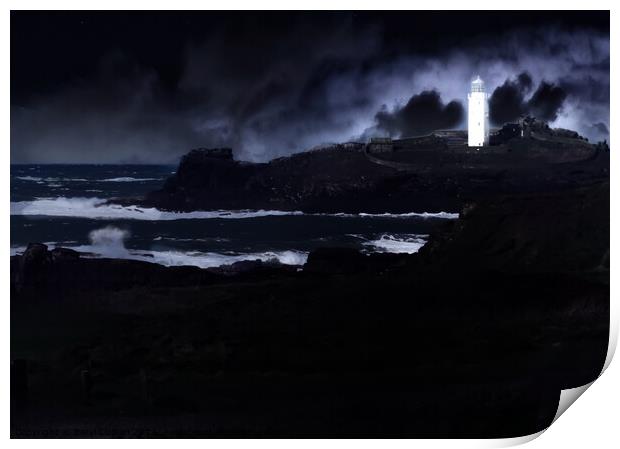 Stormy at Godrevy Lighthouse  Print by Beryl Curran