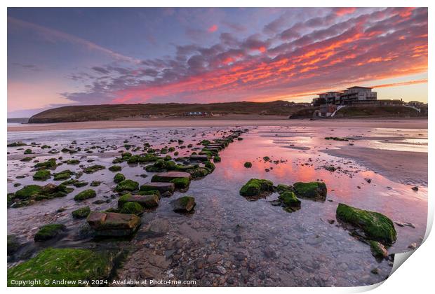 Stepping stones at sunrise (Perranporth) Print by Andrew Ray