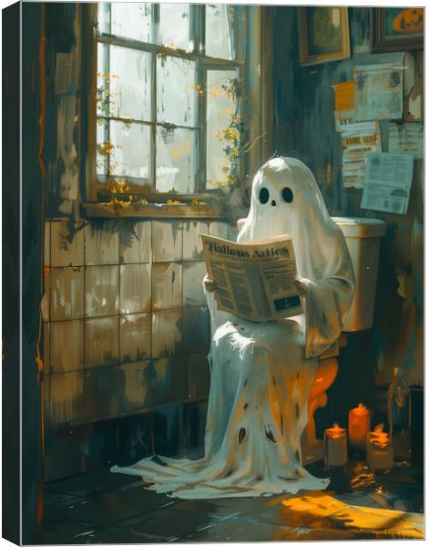 Ghost sitting on the toilet reading a Newspaper Canvas Print by T2 