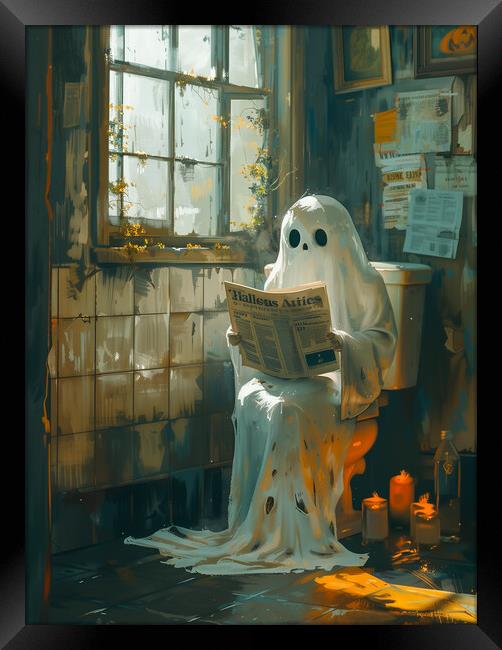 Ghost sitting on the toilet reading a Newspaper Framed Print by T2 