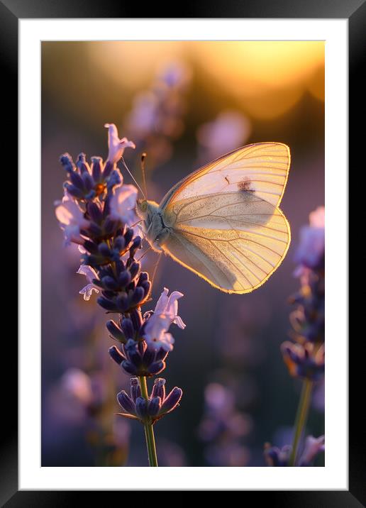 White Butterfly on Lavender Framed Mounted Print by T2 