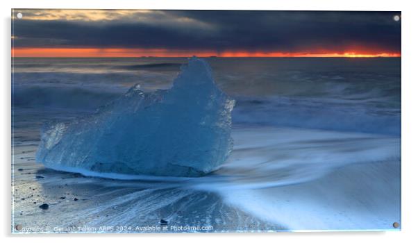 Iceberg, Diamond beach (Breiðamerkursandur) at sunrise, near Jökulsárlón Glacier Lagoon, southern Iceland Acrylic by Geraint Tellem ARPS