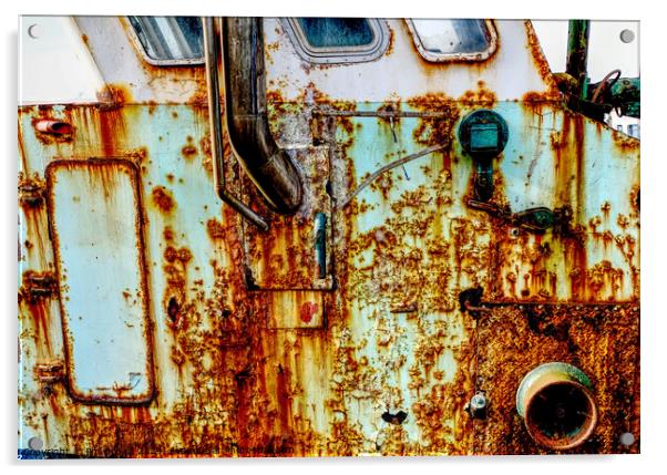 very rusty trawler in Maryport harbour. Acrylic by Phil Brown