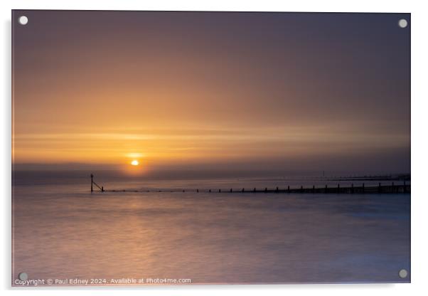 Sunrise over groynes at Overstrand Acrylic by Paul Edney