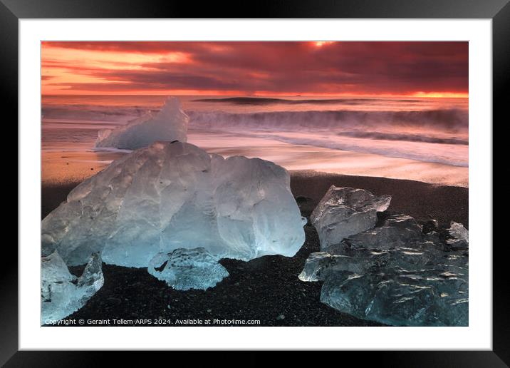 Iceberg, Diamond beach (Breiðamerkursandur) at sunrise, near Jökulsárlón Glacier Lagoon, southern Iceland Framed Mounted Print by Geraint Tellem ARPS