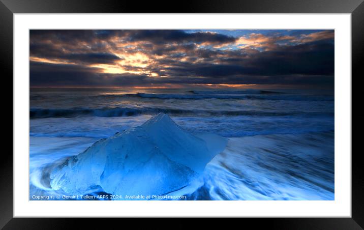 Iceberg, Diamond beach (Breiðamerkursandur) at sunrise, near Jökulsárlón Glacier Lagoon, southern Iceland Framed Mounted Print by Geraint Tellem ARPS