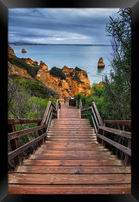 Wooden Steps To Camilo Beach In Algarve, Portugal Framed Print by Artur Bogacki