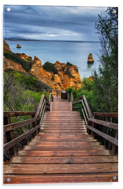 Wooden Steps To Camilo Beach In Algarve, Portugal Acrylic by Artur Bogacki