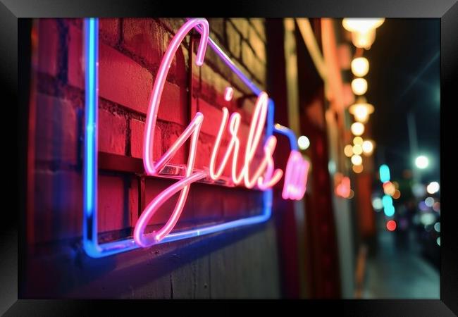 A colorful neon sign showing the word Girls on the wall of a clu Framed Print by Michael Piepgras