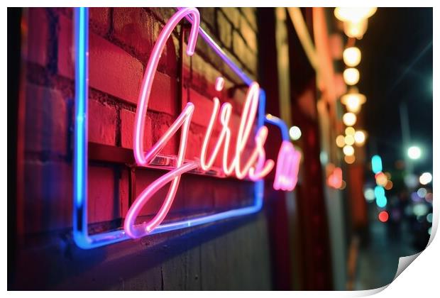 A colorful neon sign showing the word Girls on the wall of a clu Print by Michael Piepgras
