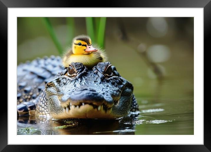 A crocodile is protecting a little duck. Framed Mounted Print by Michael Piepgras