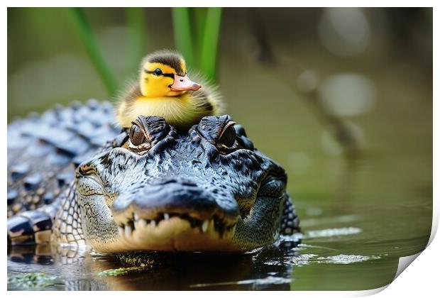 A crocodile is protecting a little duck. Print by Michael Piepgras