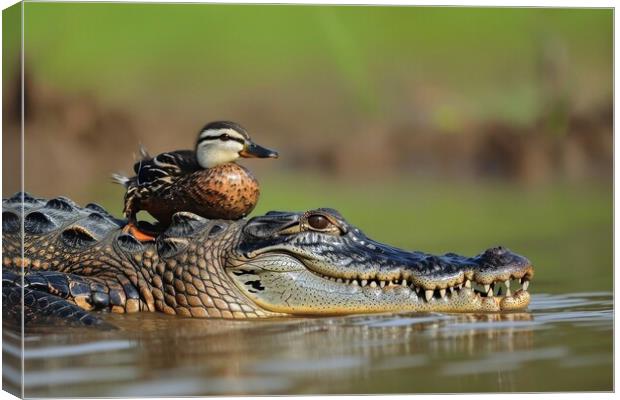 A crocodile is protecting a little duck. Canvas Print by Michael Piepgras