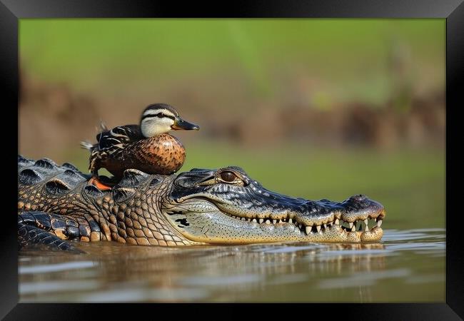 A crocodile is protecting a little duck. Framed Print by Michael Piepgras