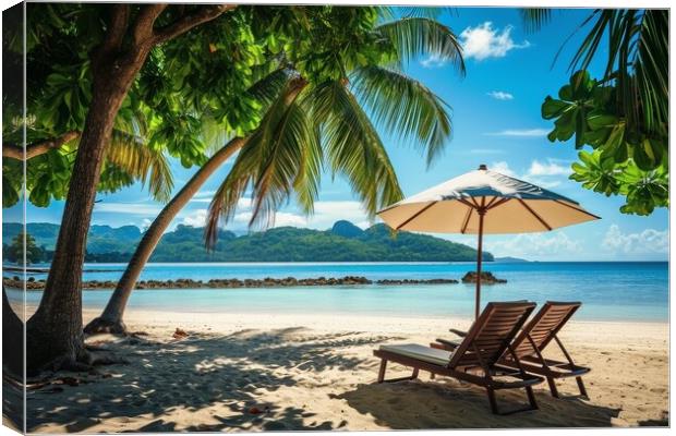 A deck chair and parasol on a secluded dream beach with palm tree Canvas Print by Michael Piepgras