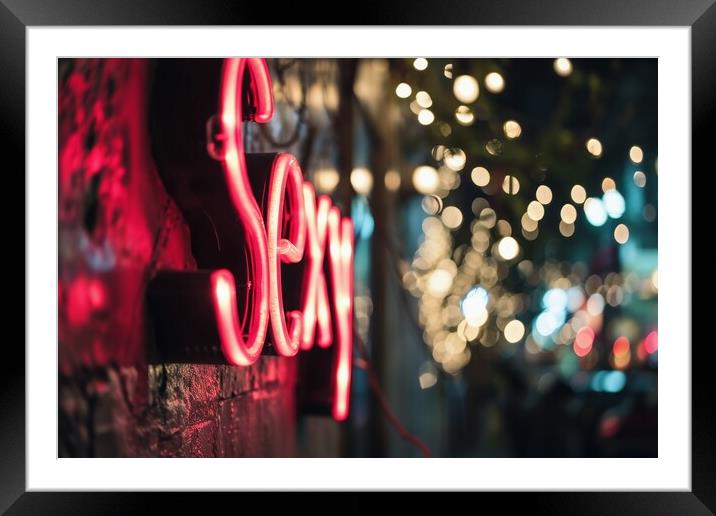 A neon sign showing the word Sexy on the wall of a bar. Framed Mounted Print by Michael Piepgras