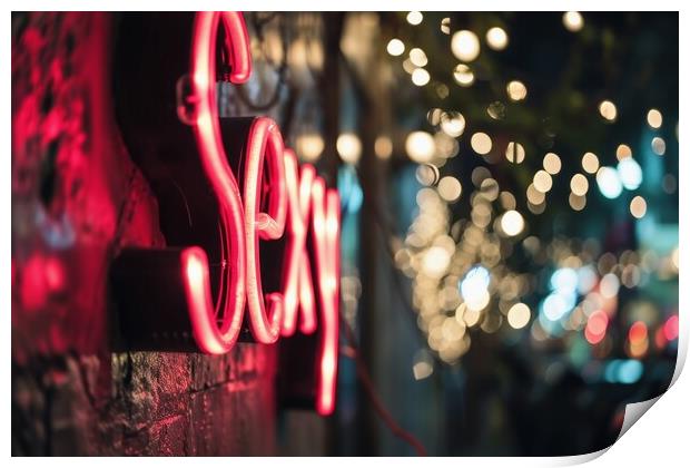 A neon sign showing the word Sexy on the wall of a bar. Print by Michael Piepgras